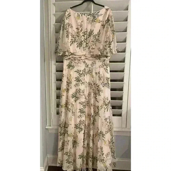 MAC DUGGAL Gown 24 Floral Print Faux Wrap Flutter Sleeve Peach Maxi Dress V Neck - Picture 12 of 14